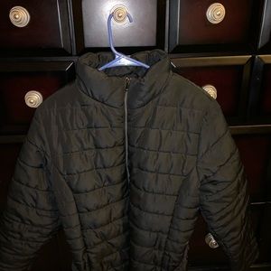 Black puffy zip up jacket with belt